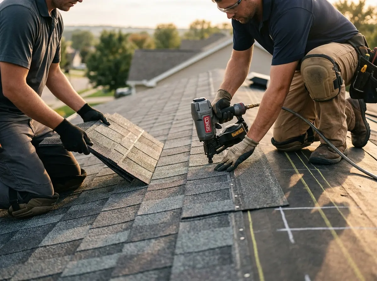 Professional roofer working on a residential roof in Townsend
